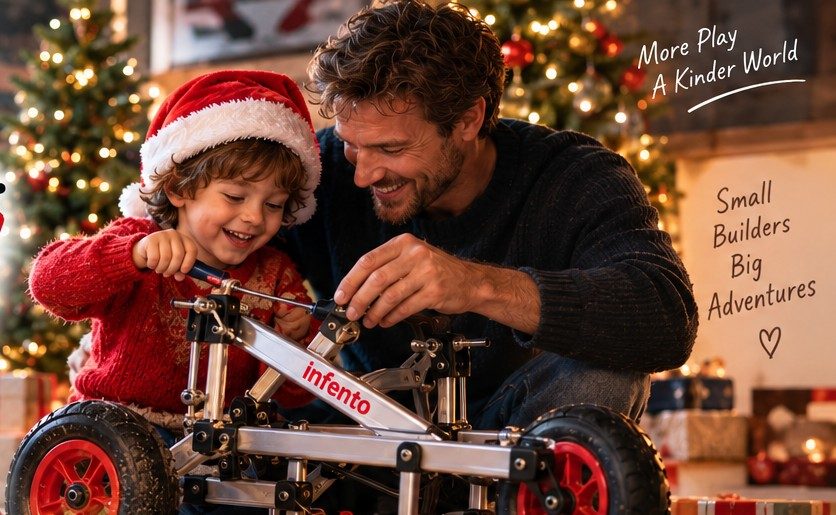 Father and child building an Infento together by the Christmas tree